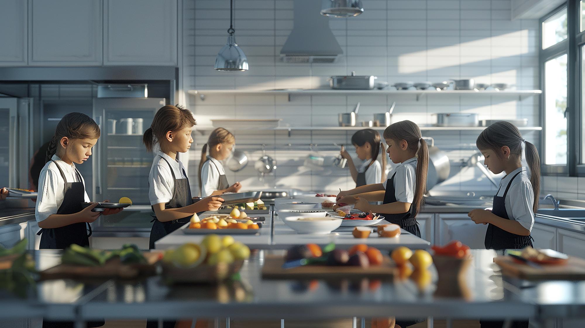 Contemporary teaching kitchen with stainless surfaces