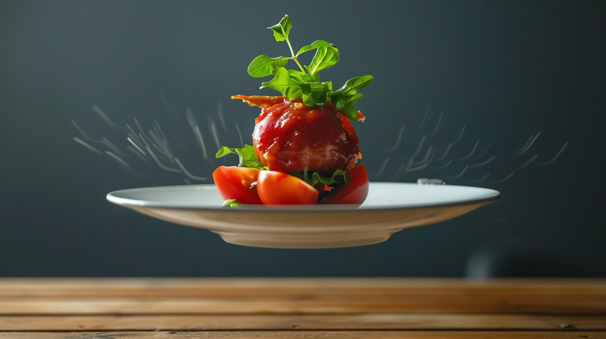 Modern plating on a dark slate with minimal garnishes